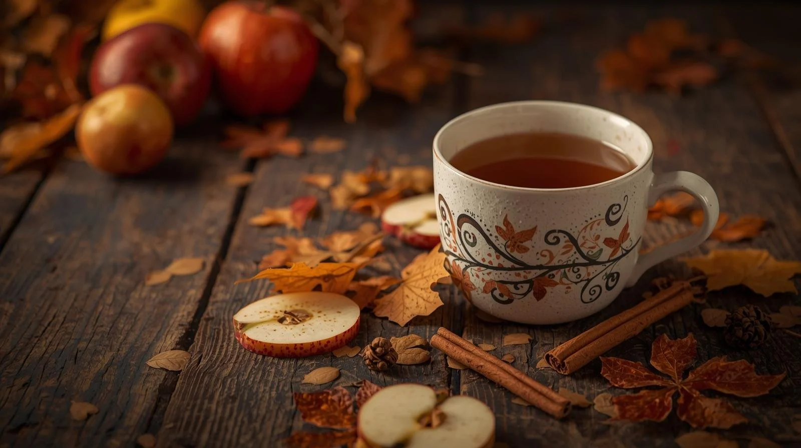 A mug of tea with autumn leaves, apple slices, apples, cinnamon sticks, and pinecones on a rustic wooden surface.