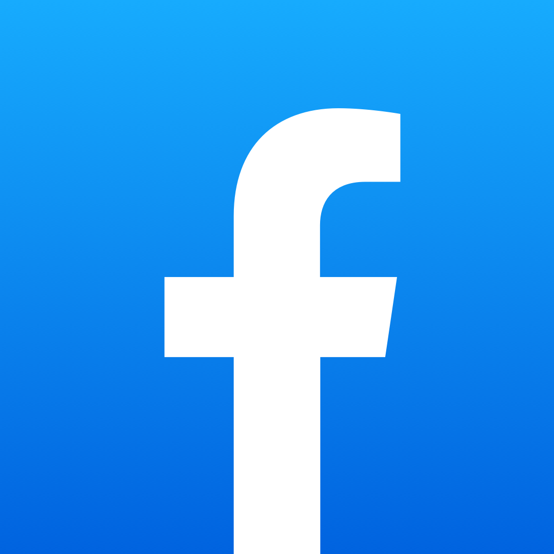 Facebook logo on a blue gradient background.