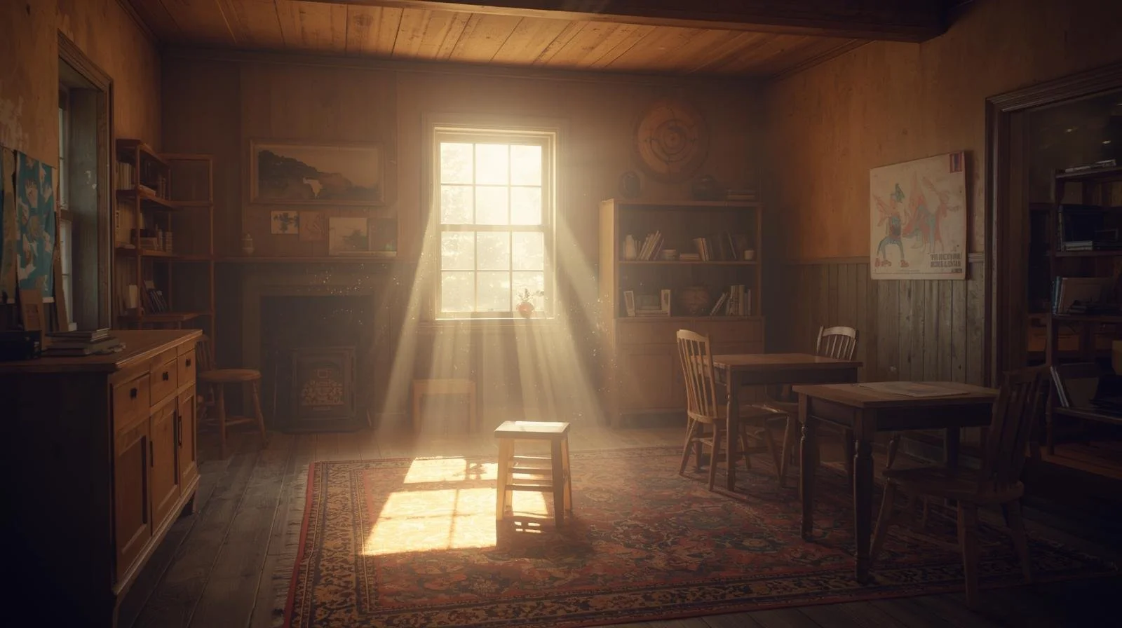 A cozy wooden room illuminated by sunlight streaming through a window, with a small stool on a patterned rug, wooden tables and chairs, and shelves filled with books and decor.