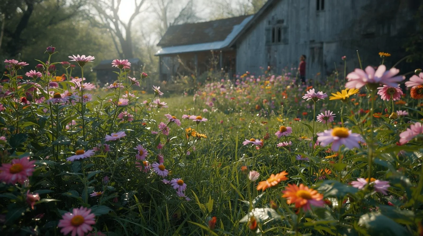 A vibrant summer wildflower garden in full bloom beside a rustic wooden barn, with sunlight filtering through the trees at Gowan Heritage Farms in Pennsylvania.