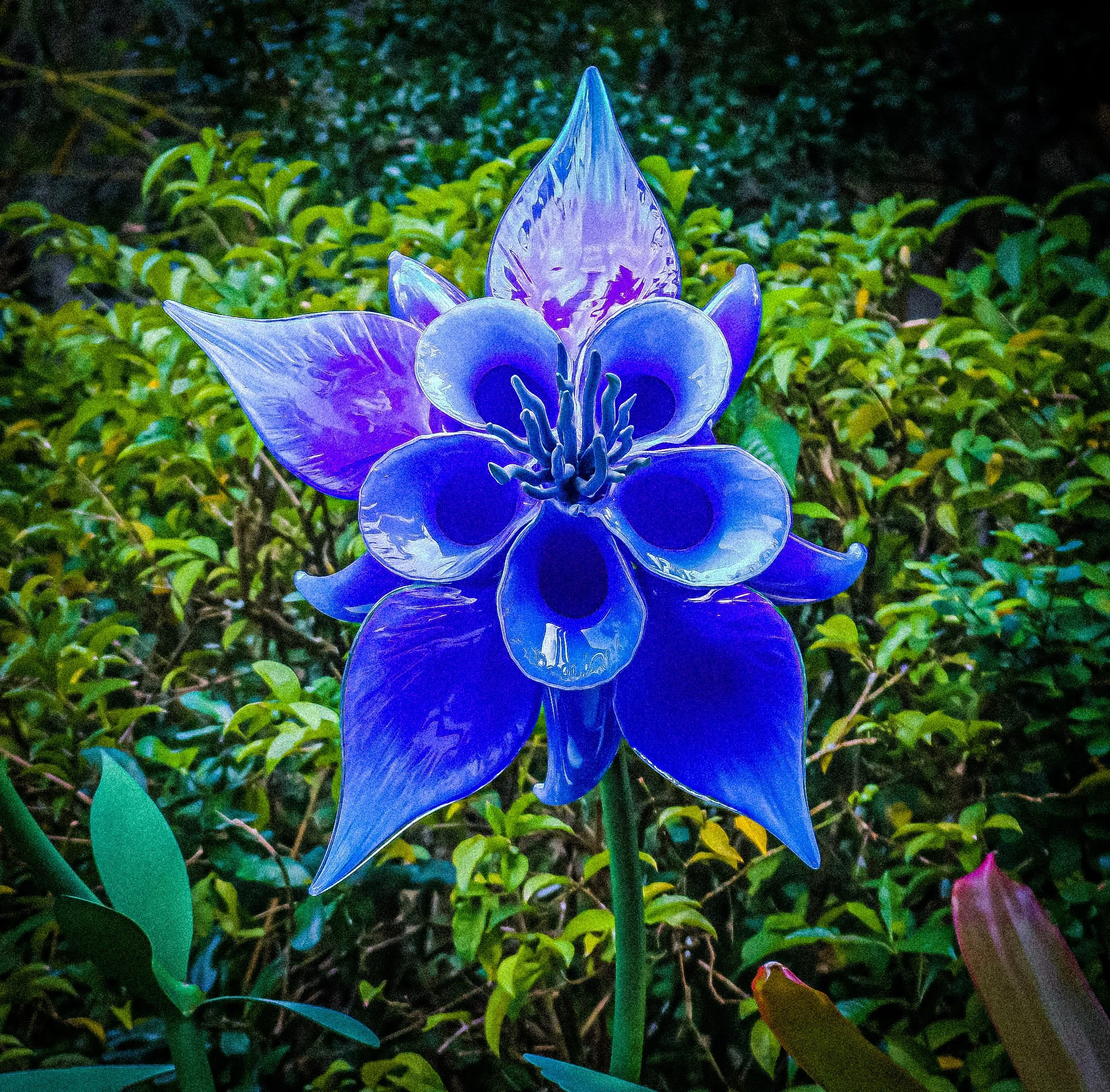 A vibrant, blue glass flower sculpture with purple accents, set against green foliage at night.