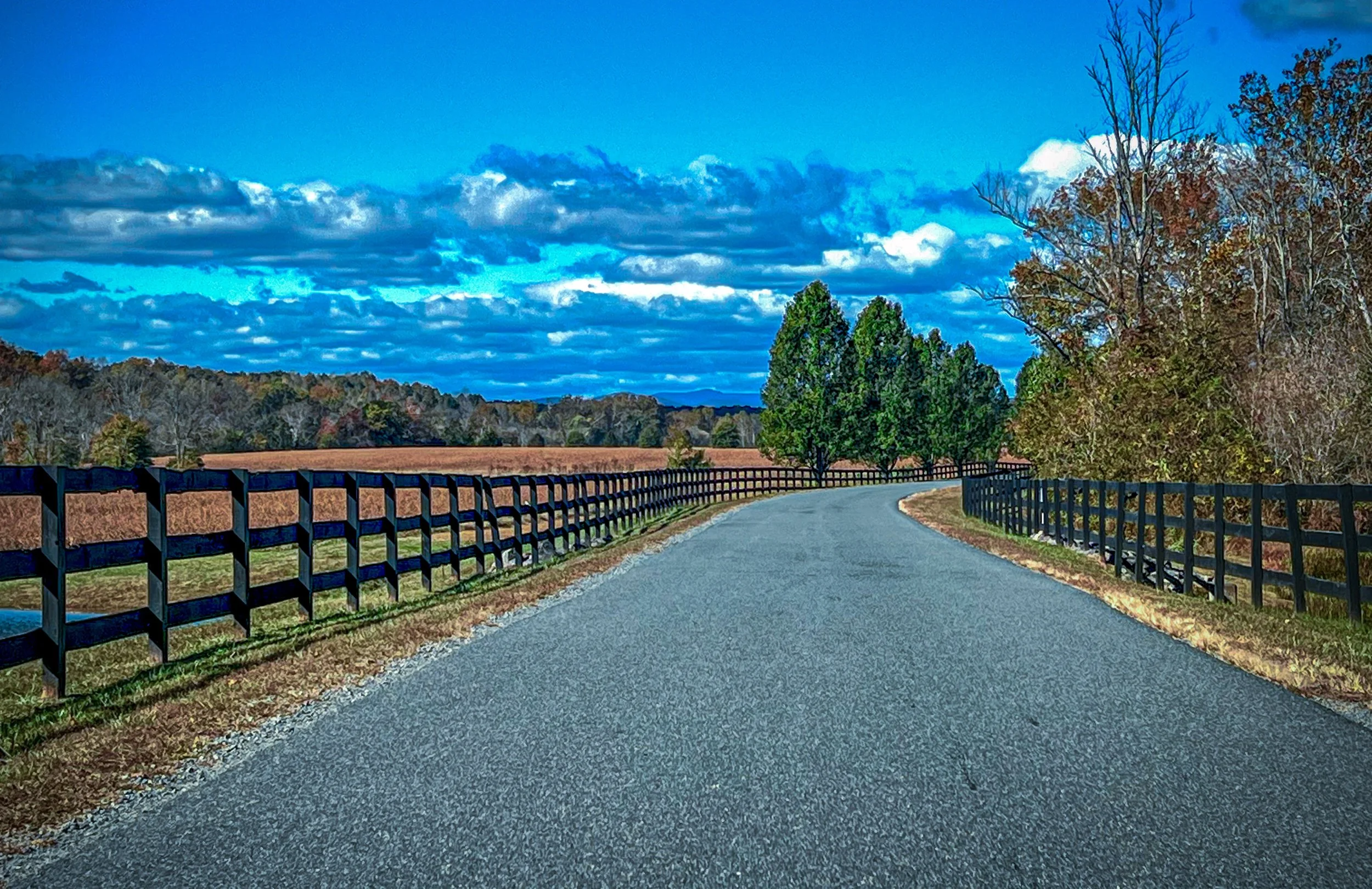 Winding paved country road lined with black wooden fences on both sides, surrounded by trees with colorful autumn leaves and a bright blue sky with scattered clouds.