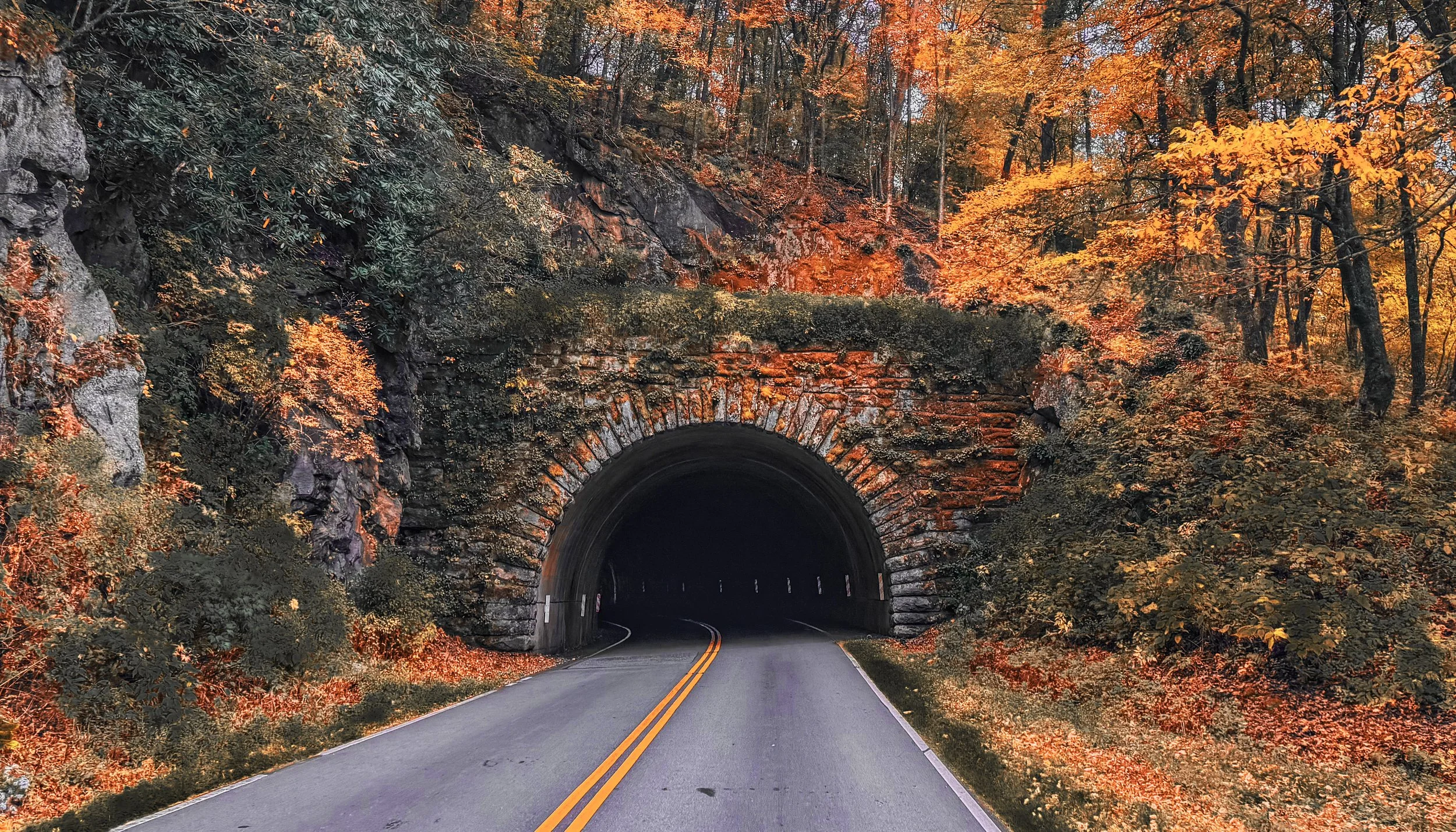 A two-lane road leading into a dark tunnel carved through a rocky hillside, surrounded by colorful autumn foliage with orange, yellow, and green leaves in a forested area.