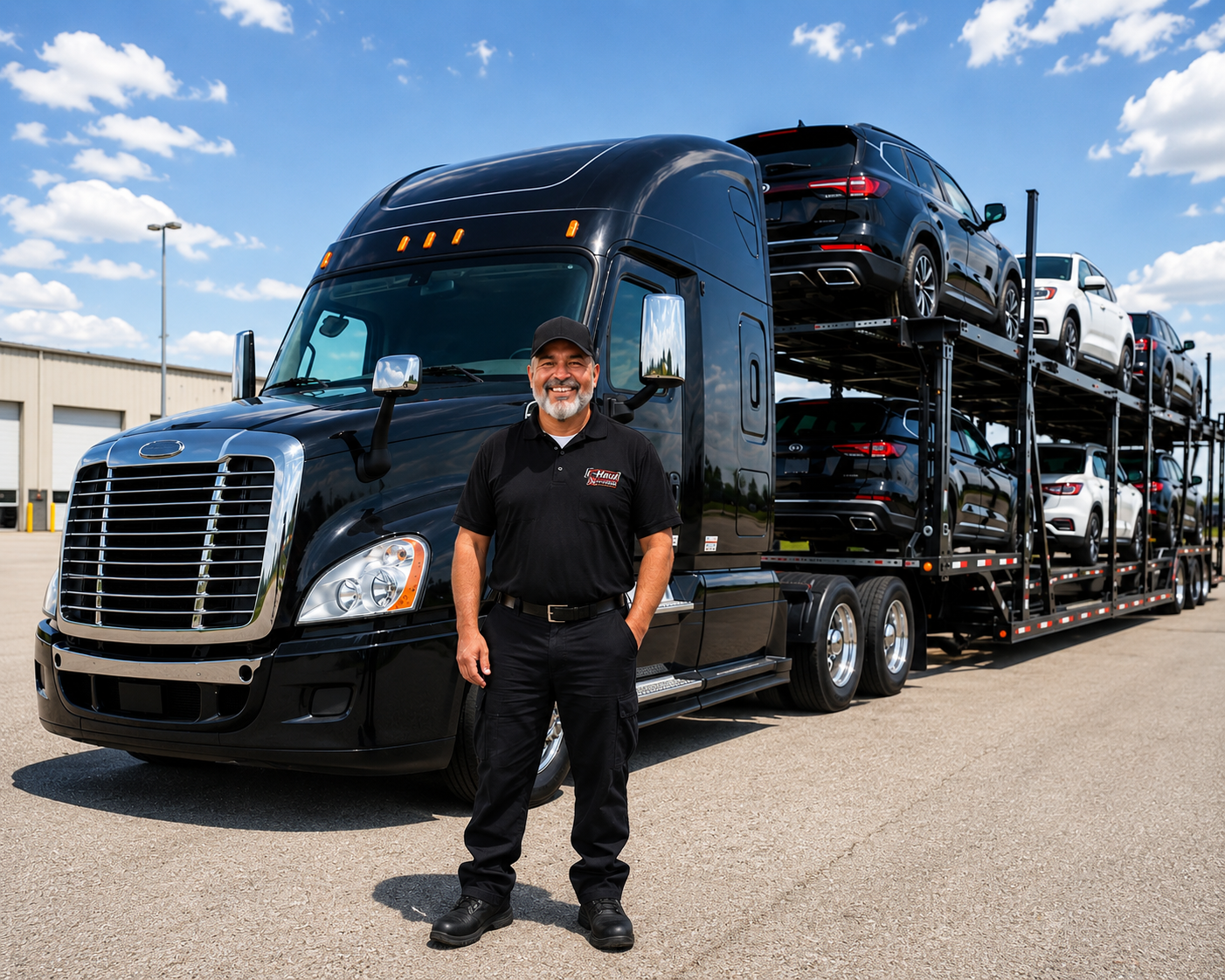 A man with a beard standing in front of a black car carrier truck with multiple cars on it, on a sunny day with a blue sky and some white clouds.