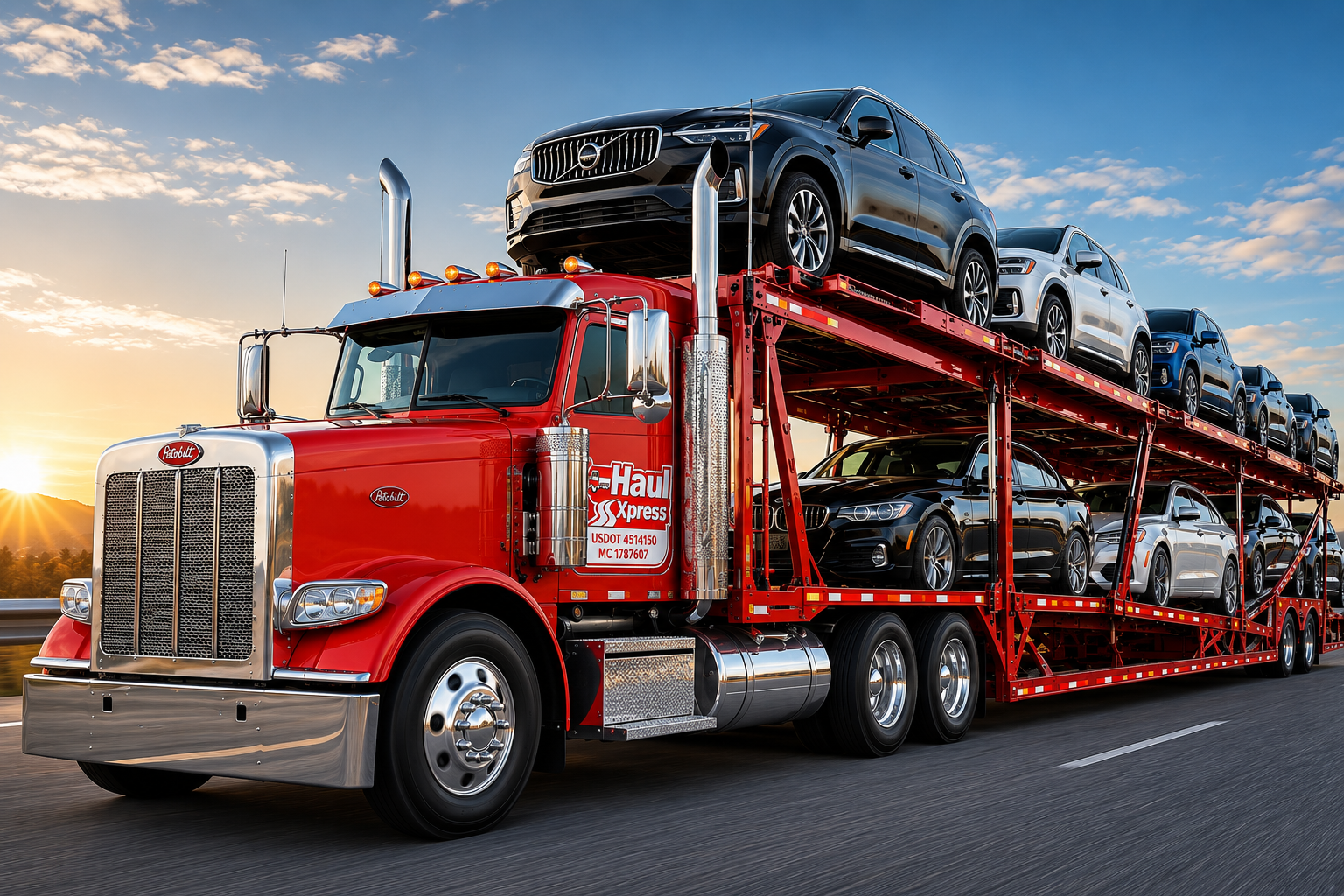 Red car carrier truck transporting multiple modern grey and black SUVs on a highway at sunset.