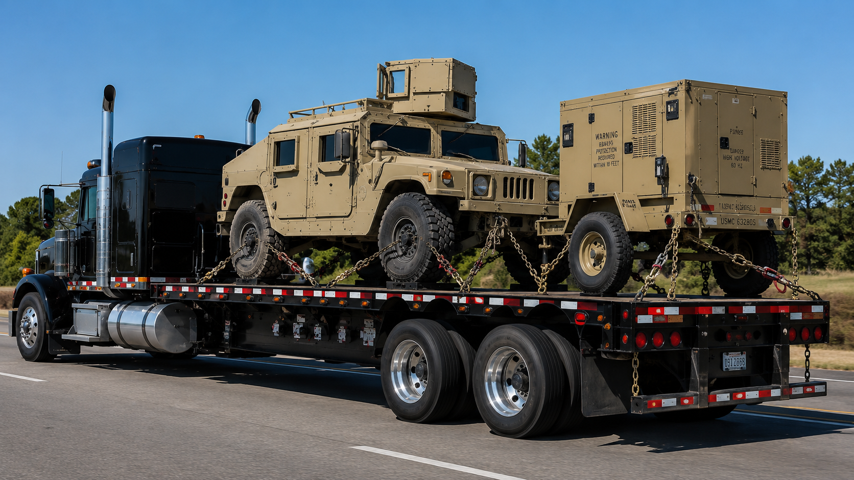 A black flatbed truck transporting a beige military Humvee and an electronic military container on a highway with trees in the background.