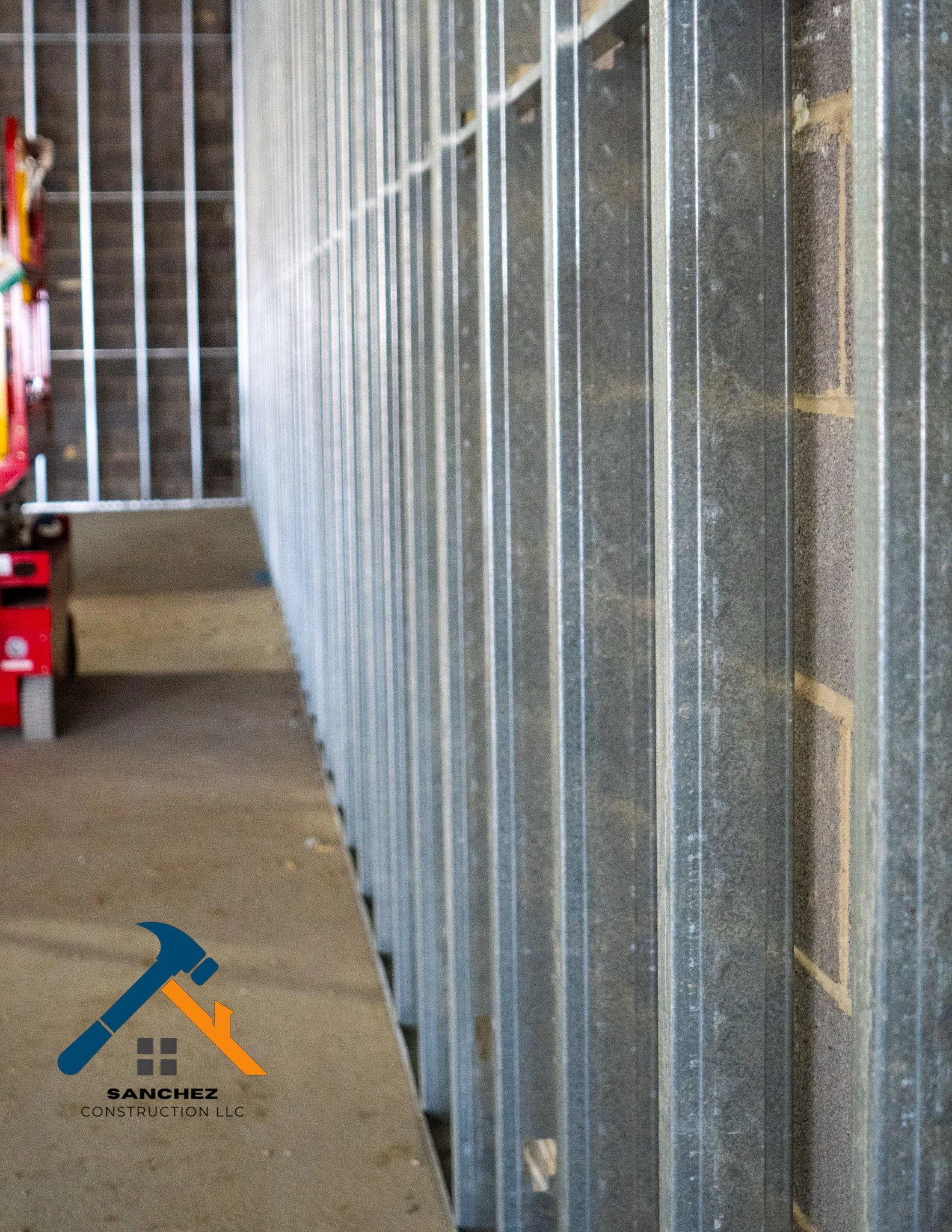 Metal wall framing in a construction site with a Sanchez Construction LLC logo in the lower left corner.