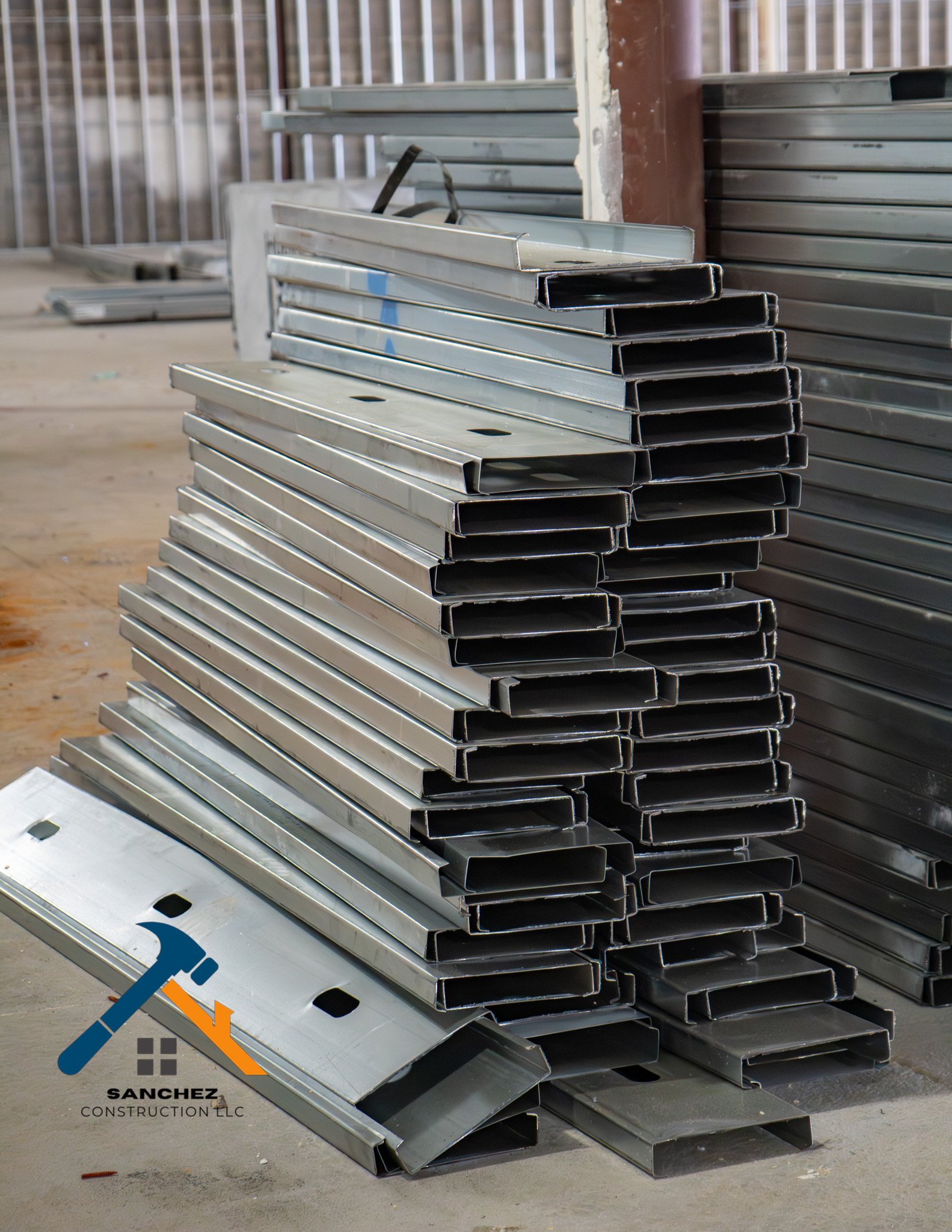 Stacked metal framing studs on a construction site with a logo for Sanchez Construction LLC in the bottom left corner.