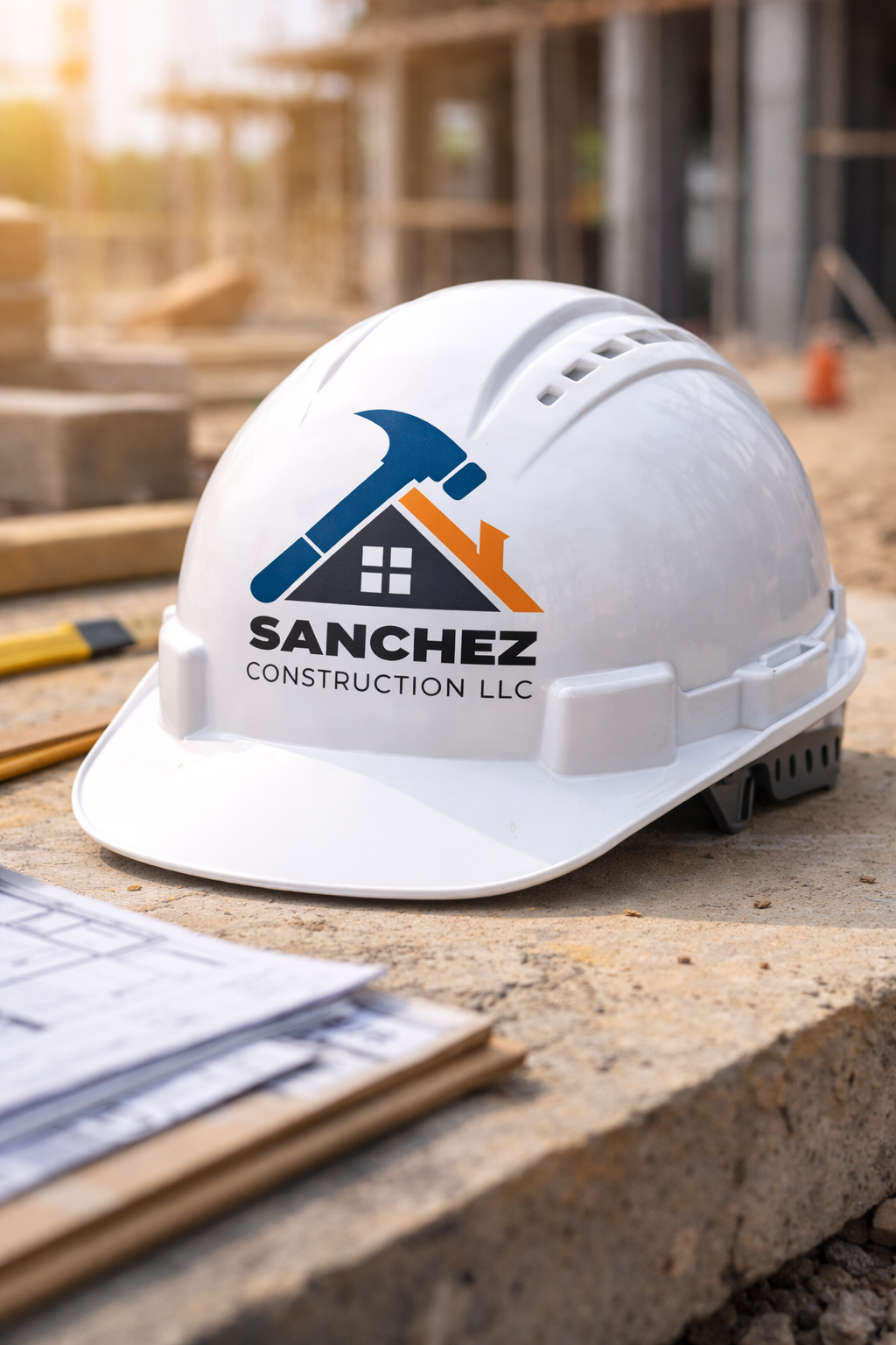 Construction helmet with a logo of a hammer and house, labeled 'Sanchez Construction LLC', resting on a construction site with building framework and tools in the background.