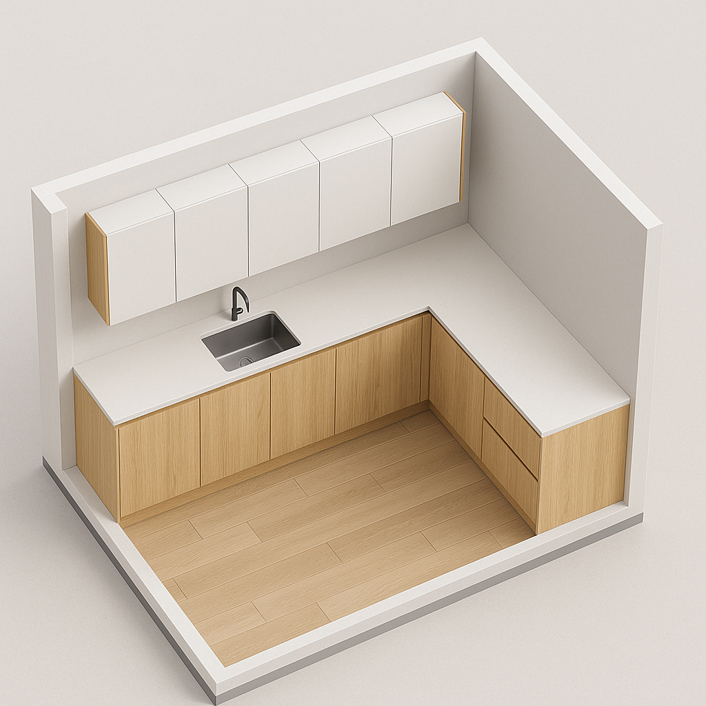 A modern kitchen with white upper cabinets, light wood lower cabinets, a white countertop, a small sink with a black faucet, and light wood flooring.