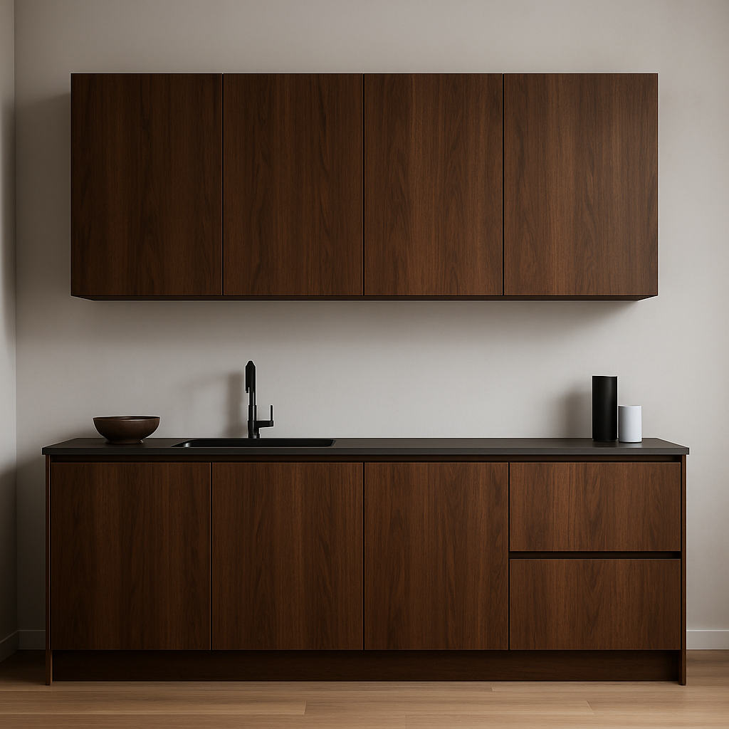 Minimalist kitchen with wooden cabinets, a black sink faucet, a bowl on the left, and two vases on the right on a dark countertop.