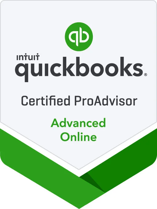 QuickBooks Certified ProAdvisor badge featuring the green QuickBooks logo and the text 'Advanced Online'.