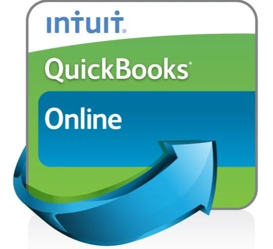 QuickBooks Online logo with green and blue colors and a curved arrow.