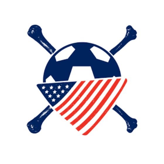 A soccer ball with the American flag pattern overlay, crossed by two baseball bats.