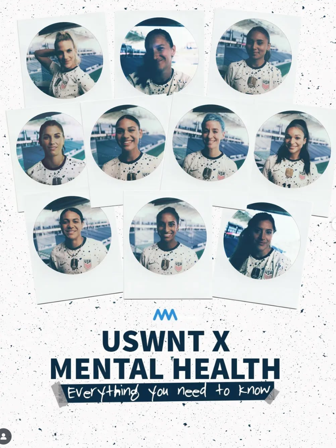 Collage of nine female athletes wearing US soccer jerseys with various hairstyles and hair colors, smiling for photos at a stadium, with bold text saying 'USWNT x Mental Health' and 'Everything you need to know' underneath.