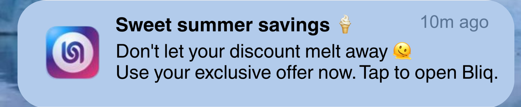 A promotional message on a messaging app with a blue background, advertising summer savings with an ice cream cone emoji, and a company logo featuring a colorful swirl.