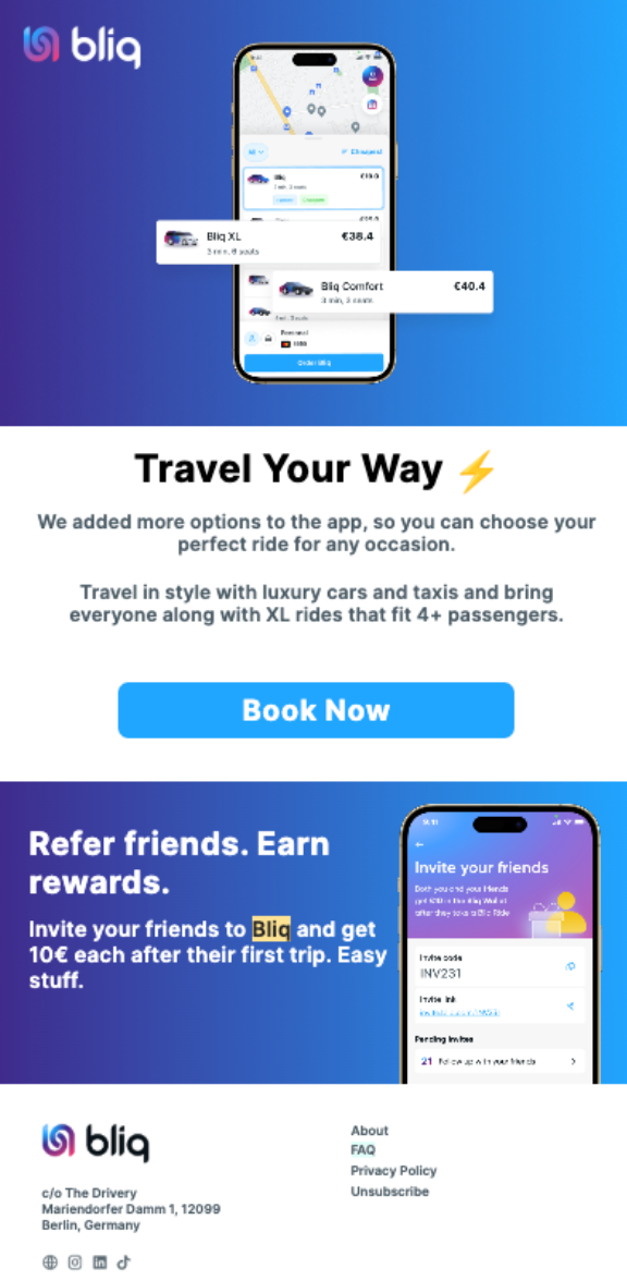 A promotional graphic for the ride-sharing app Bliq. The image features two smartphones displaying the app interface on a blue background. The first phone shows ride options with prices, and the second shows a referral program. The text promotes booking luxury rides for four or more passengers, earning referral rewards, and includes a call-to-action button that says "Book Now." The bottom part provides company details and social media icons.