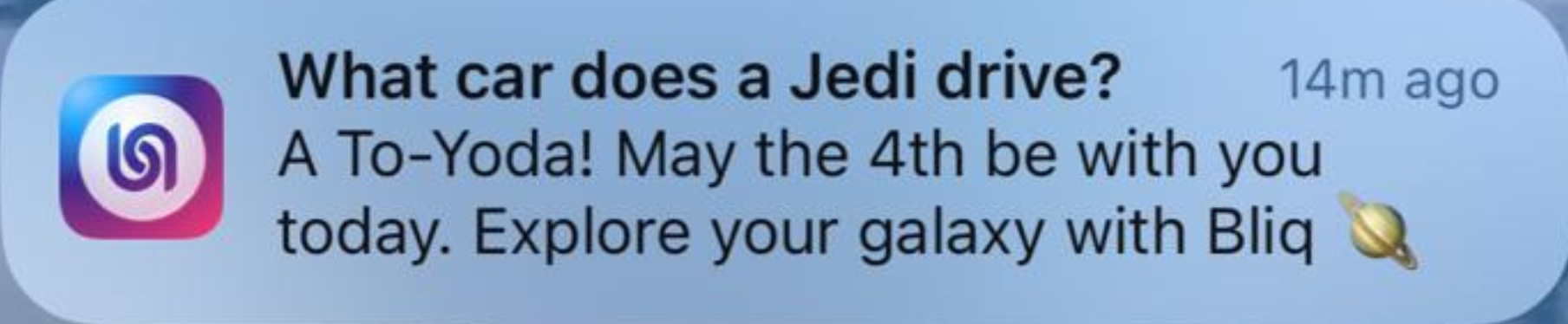 Notification about what kind of car a Jedi would drive, with a Star Wars theme and a galaxy exploration message.