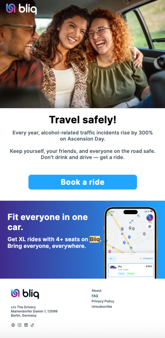Three friends sitting in a car, happily laughing together, promoting a ride-sharing service with a blue 'Book a ride' button.