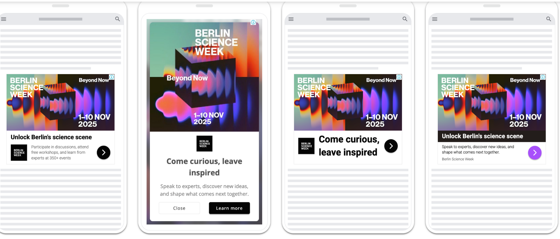 Screenshots of a mobile app promoting Berlin Science Week 2025 event, May 1-10, with colorful abstract graphics, event dates, and calls to action.