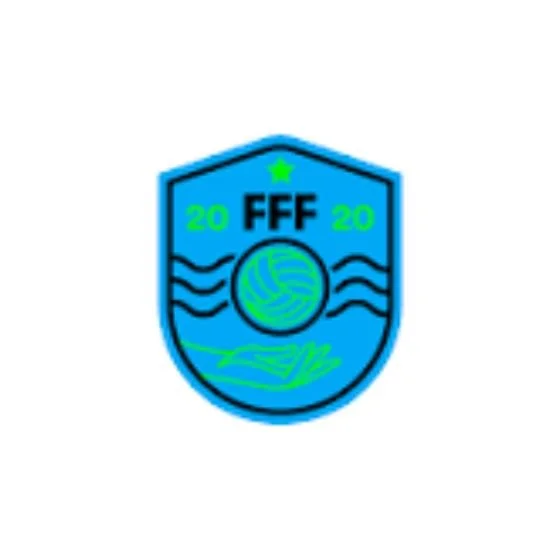 A shield-shaped badge with a blue background and black outlines, featuring the text 'FFF 20 20', a volleyball, wavy lines, and a hand, rendered in blue and green.