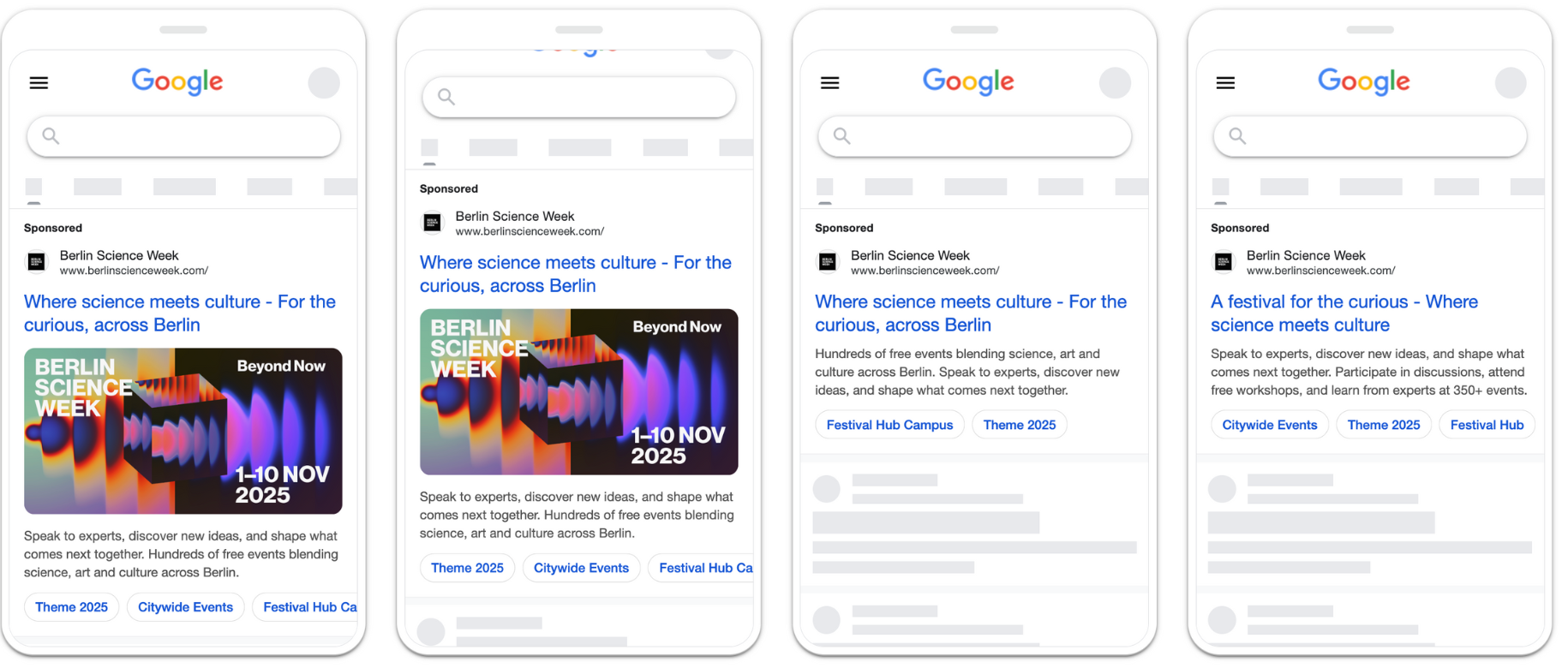Four mobile screens displaying a Google search results page for Berlin Science Week, with a colorful event banner promoting November 1-10, 2025.