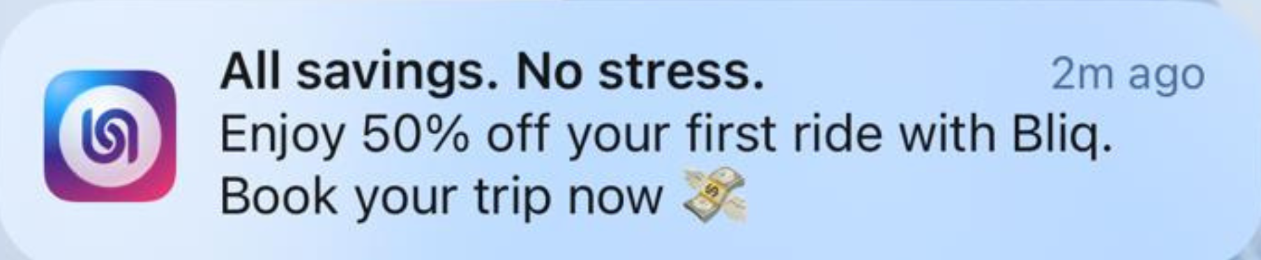 Text message from a ridesharing app promoting a 50% discount on first ride with Blig, showing a logo with a swirl design, and a small image of money.