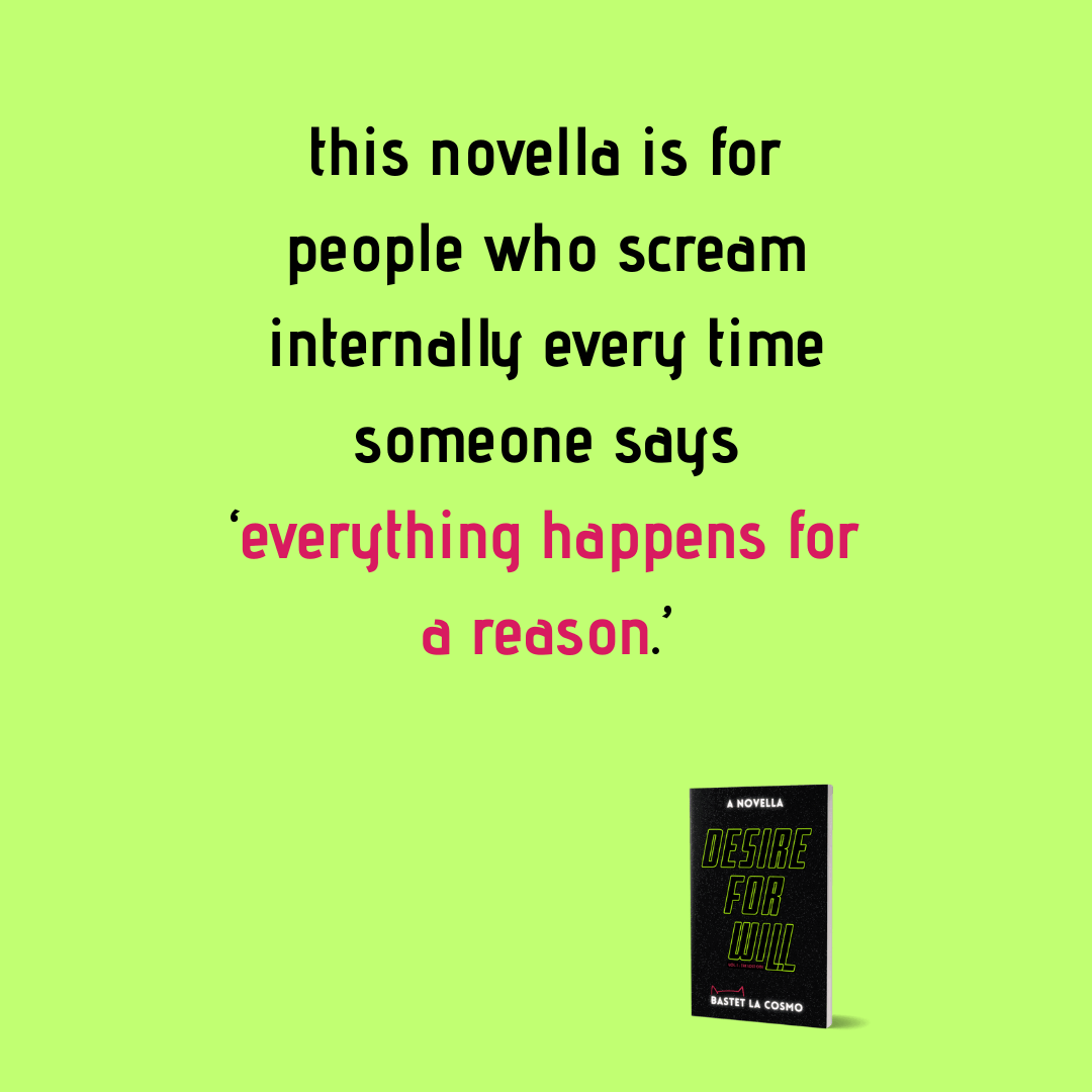 Animated text graphic on a bright green background defining the audience for Desire for Will by Bastet La Cosmo in a surreal, ironic tone.