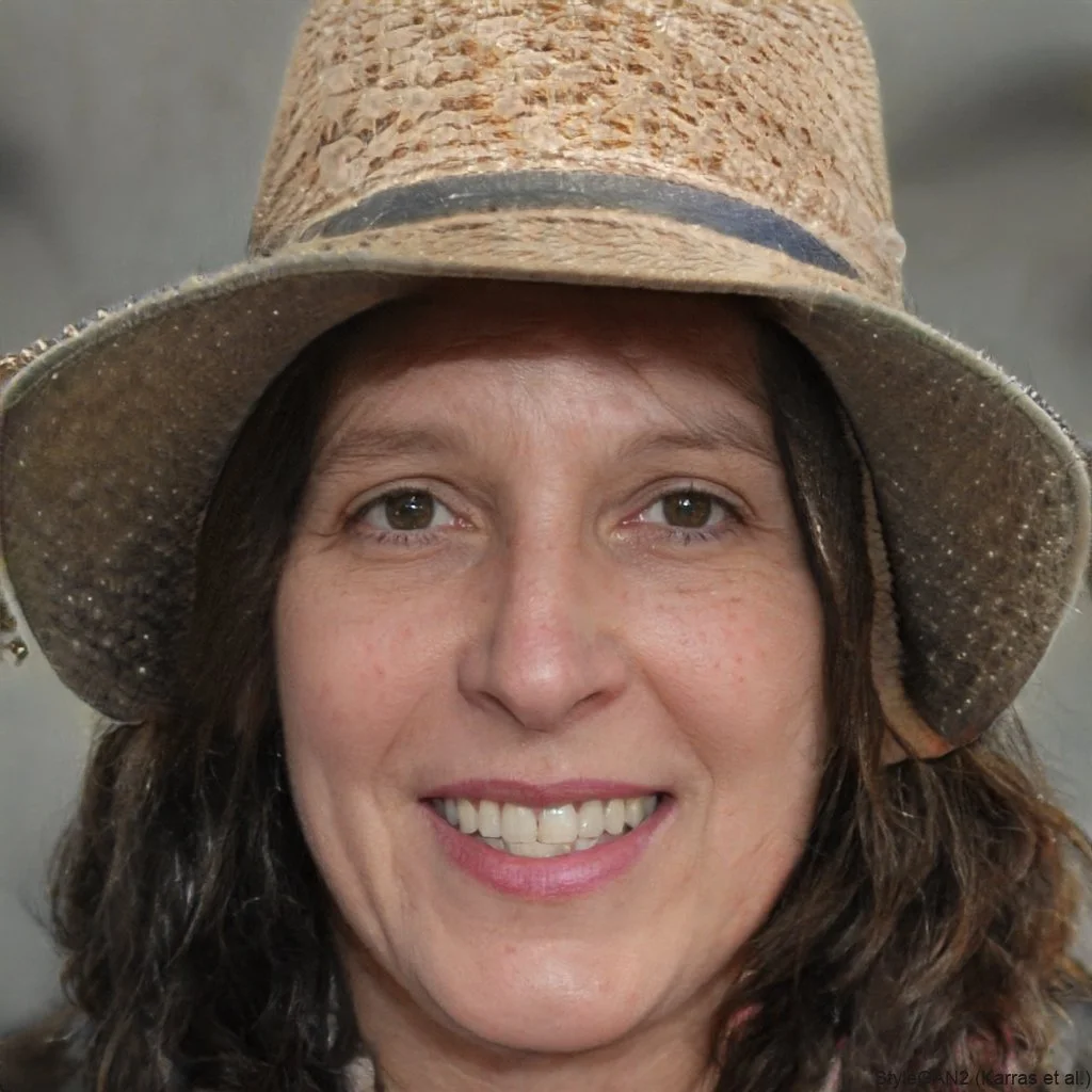 A woman with curly brown hair smiling, wearing a wide-brimmed, slightly worn cowboy hat with some dirt and a black band.