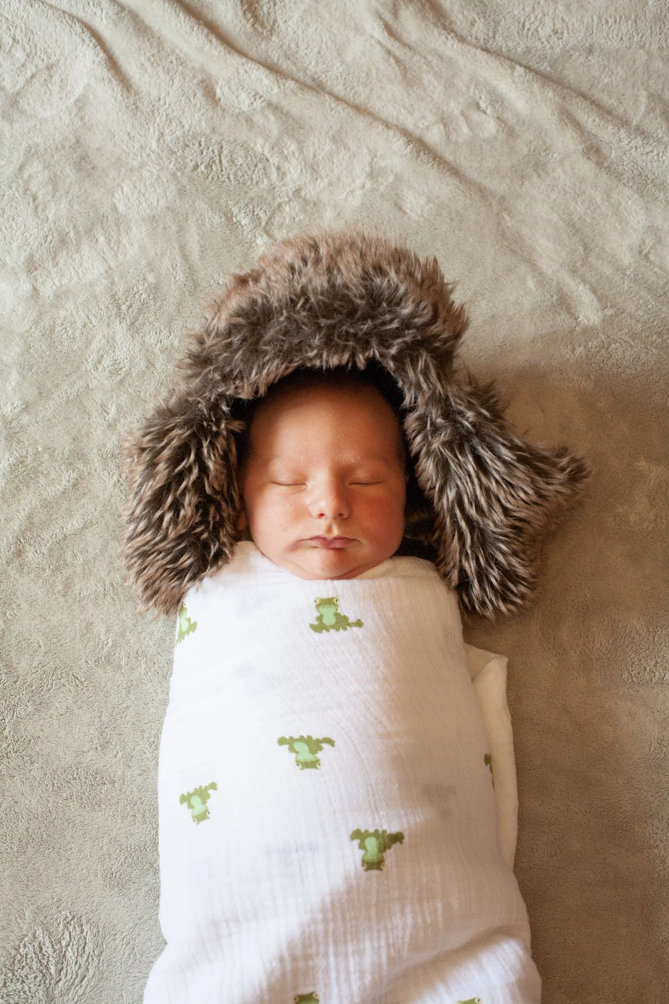 A sleeping baby wrapped in a white swaddle with green dinosaur print, wearing a faux fur winter hat, lying on a soft beige blanket.
