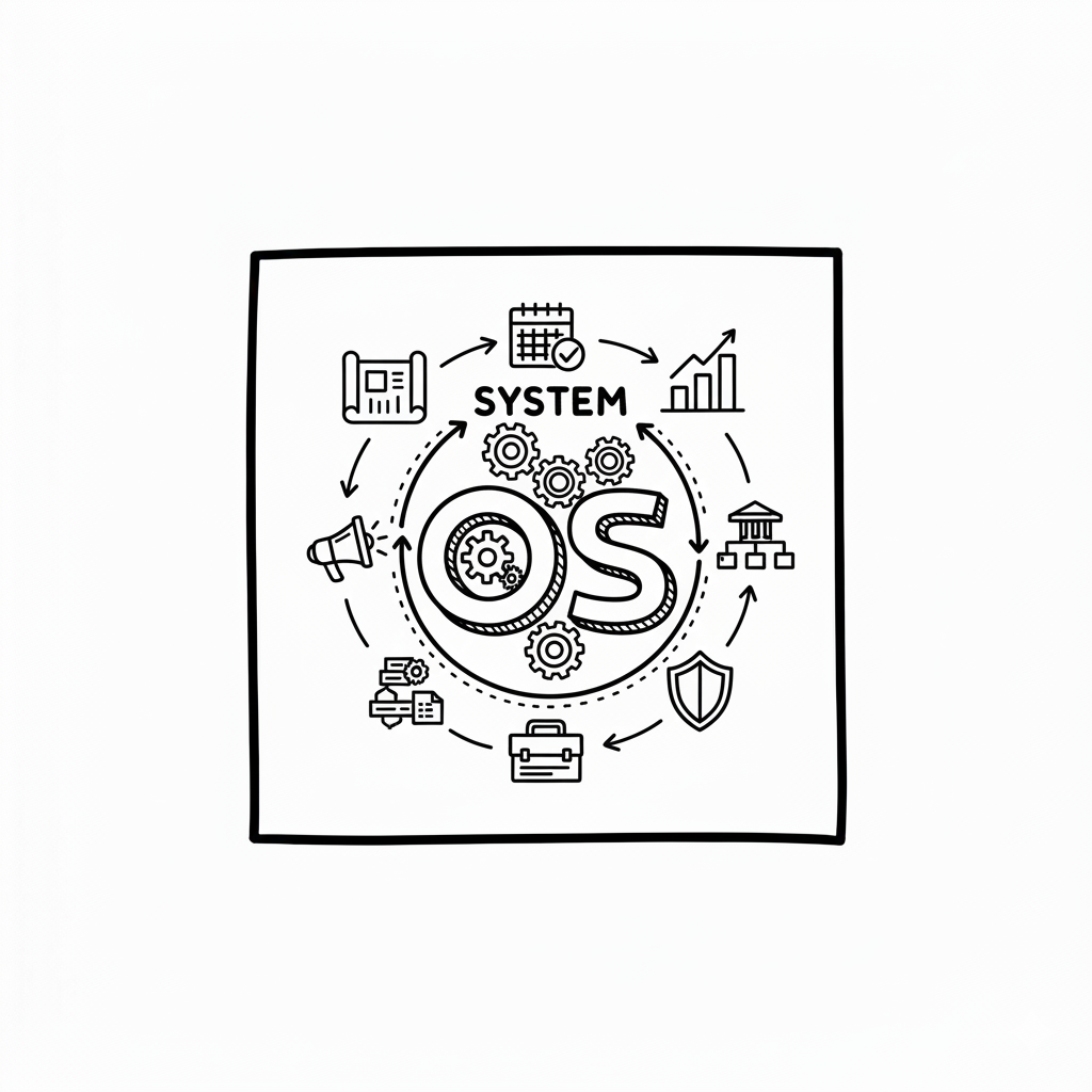 Diagram illustrating the components of a system, including gears, a calendar, a bar chart, a hierarchy chart, a shield, a briefcase, a printer, a megaphone, and a circuitry icon, with the word "SYSTEM" and "OS" at the center.