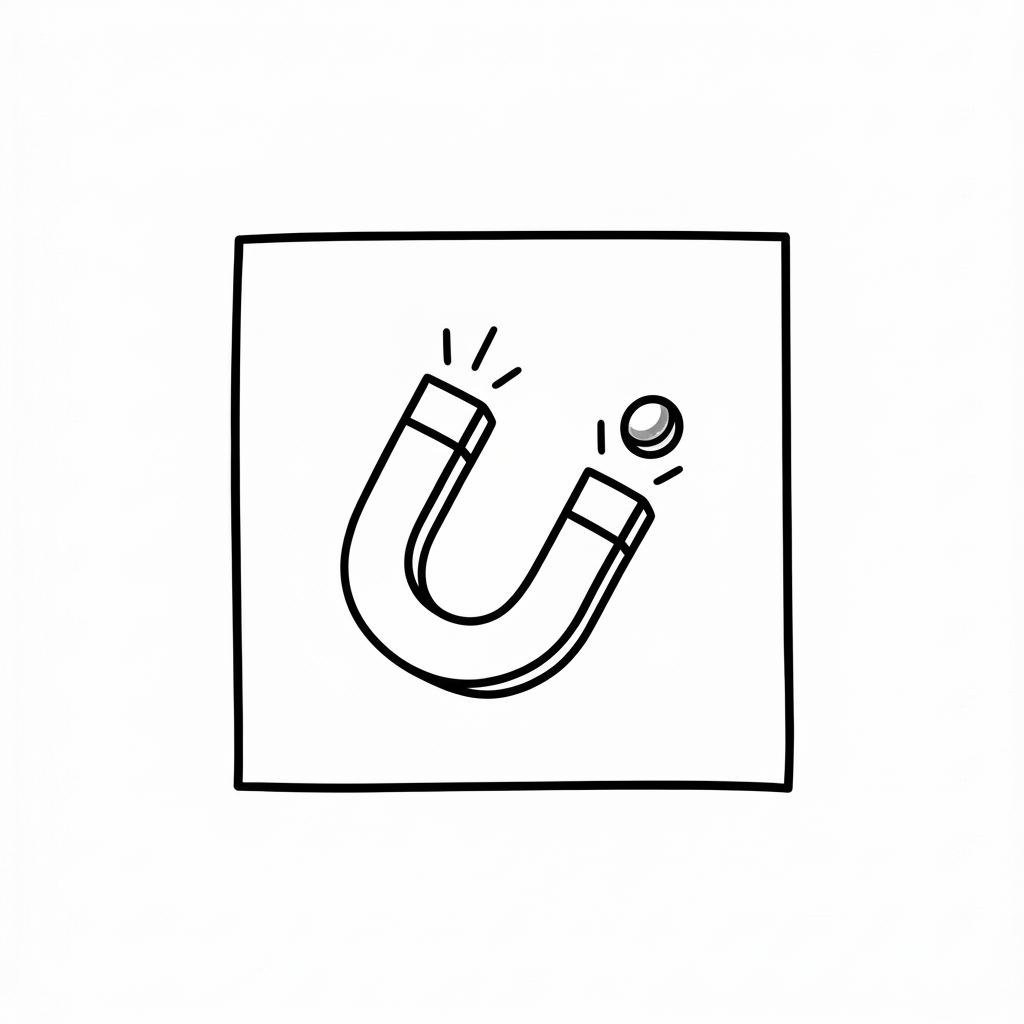 Hand-drawn illustration of a horseshoe magnet attracting a metal ball, with simple lines and minimal detail.