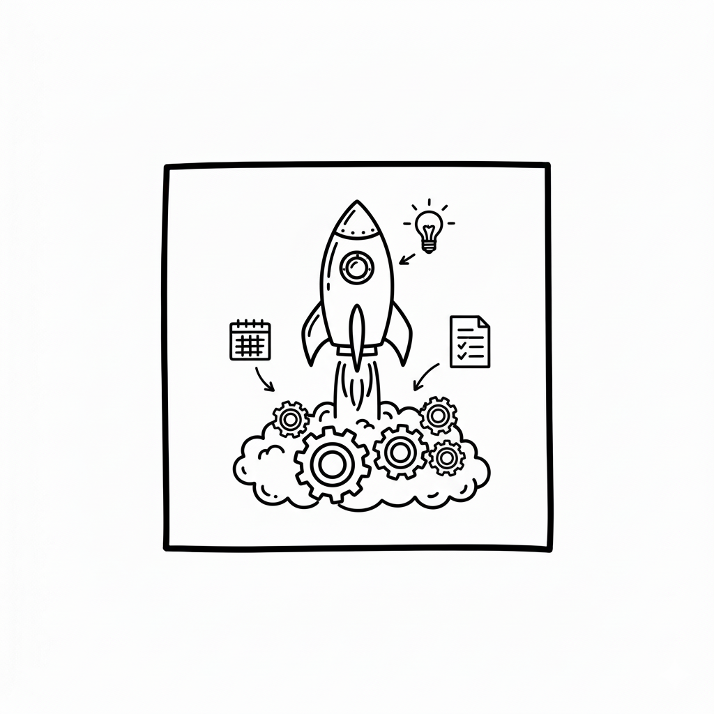 A drawing of a rocket launching with gears, a calendar, a checklist, and a lightbulb around it, symbolizing innovation and project startup.