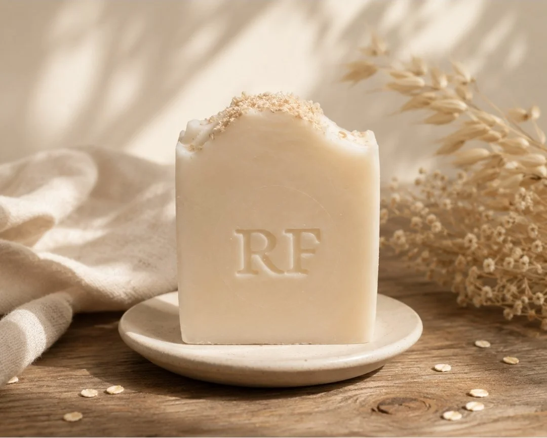 A bar of creamy white soap with the initials "RF" engraved on it, sitting on a white dish on a wooden surface with dried flowers and grains in the background.