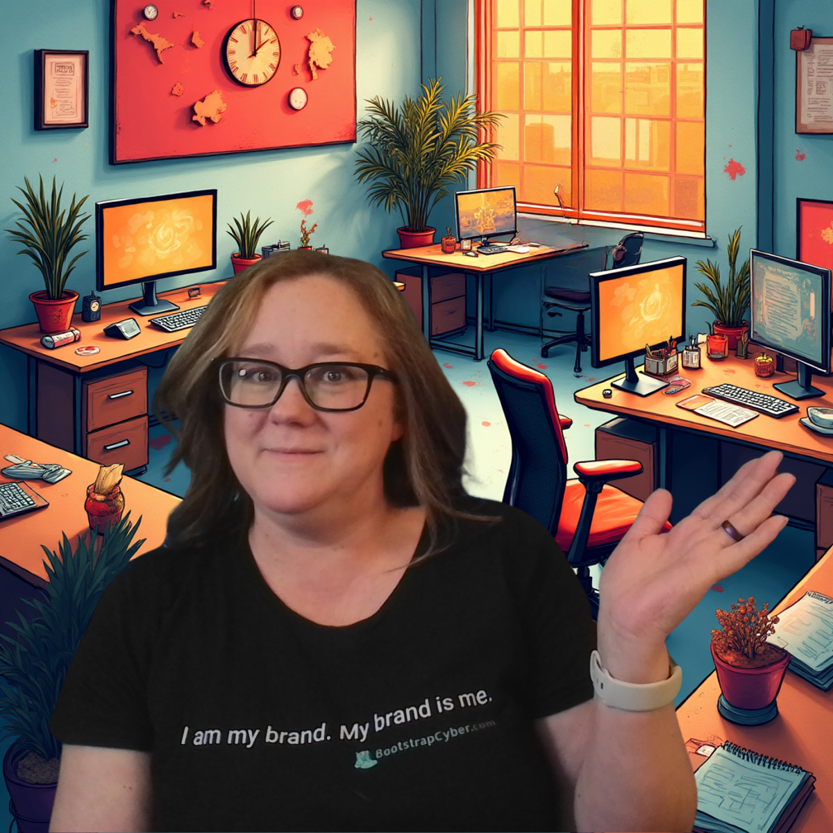 laura kenner working in comic-book style office