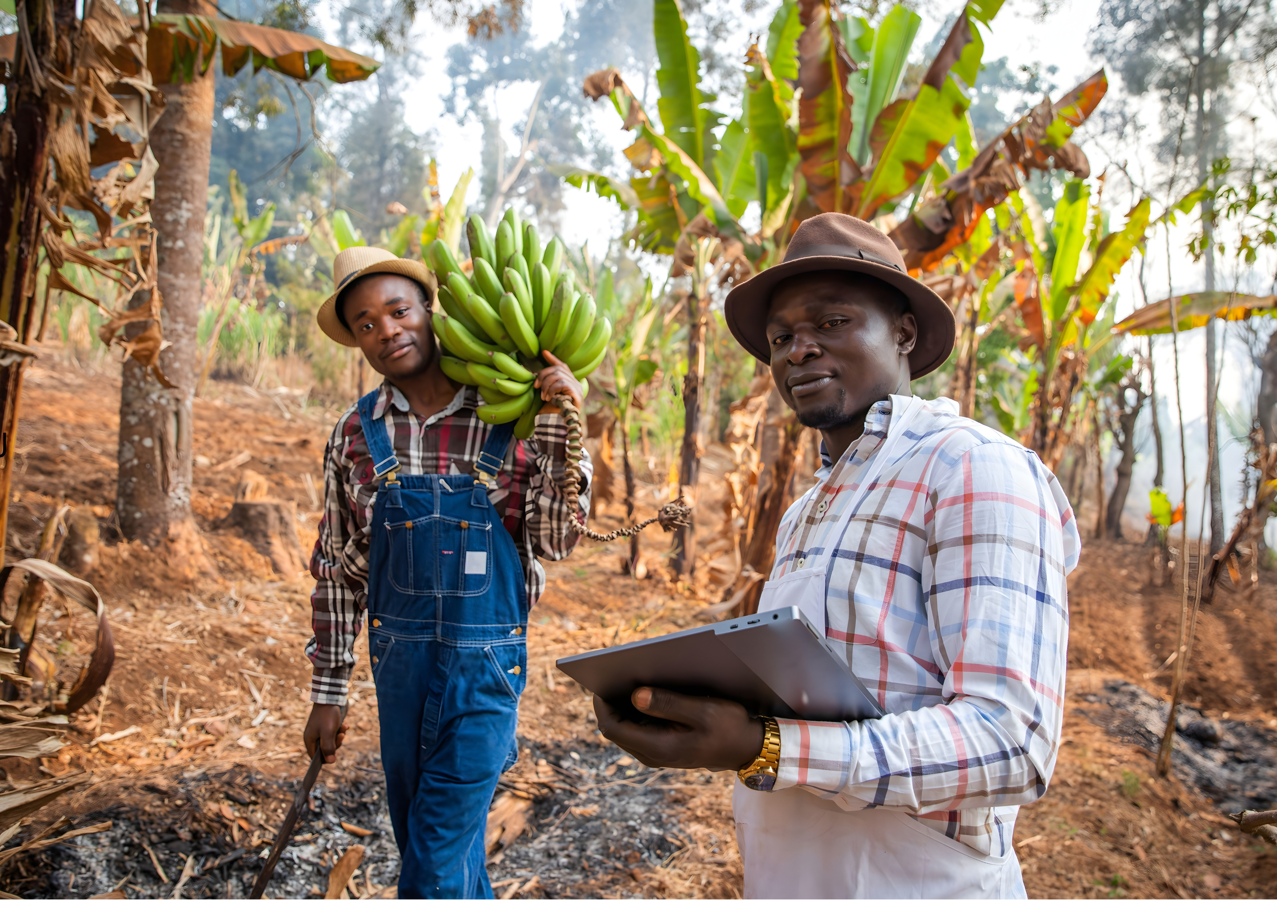 Two men in a banana farm, one holding a bunch of bananas and the other with a tablet, surrounded by banana trees and rural landscape.
