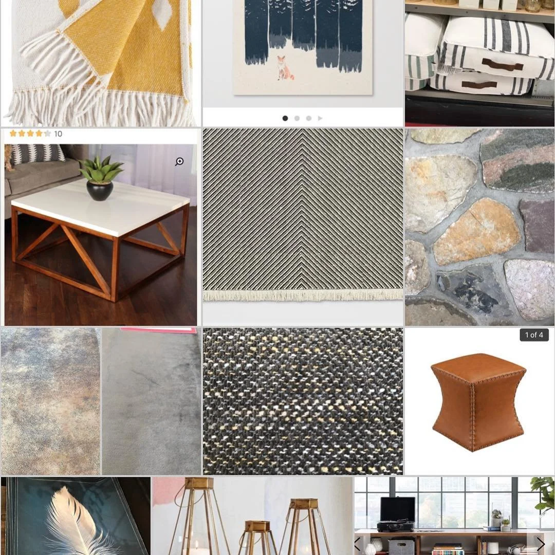 I love decorating spaces for men because they tend to prefer darker colors and bolder design elements. Here is the mood board I created for a dated living room.  With a bit of contemporary sophistication we can turn it into a manly chalet style livin