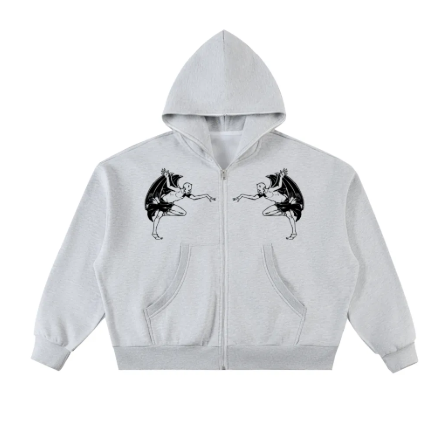 Light grey oversized zip up hoodie, 2 demons on zipper. Baggy oversized style. Street wear.