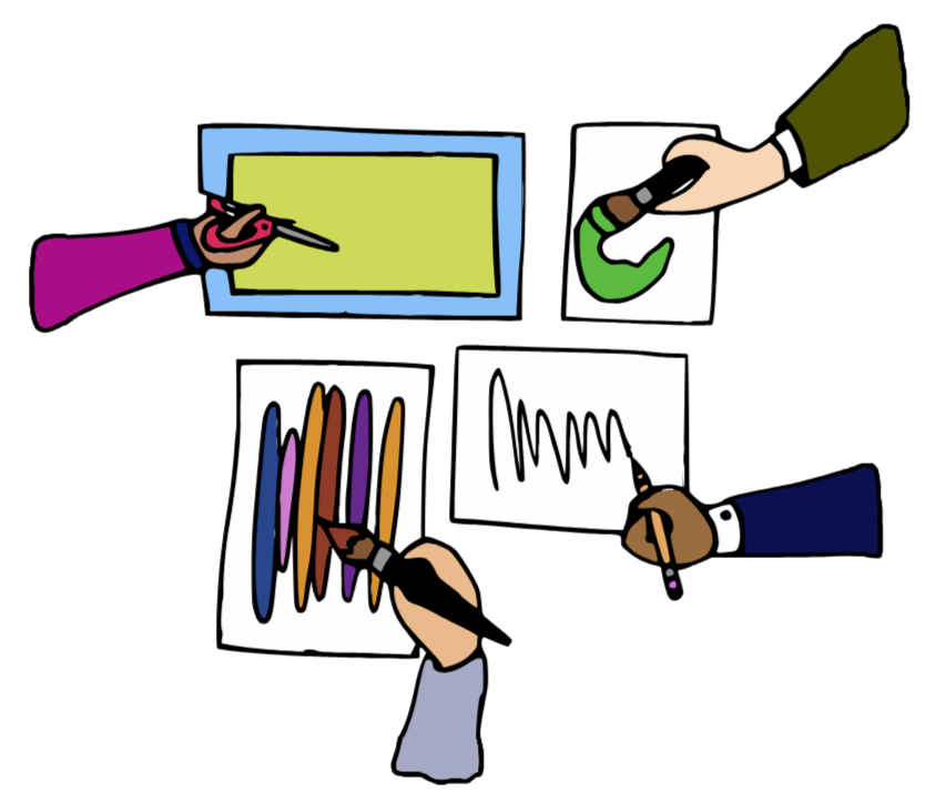 An illustration with a birds eye view of people's arms painting, drawing, and cutting paper.