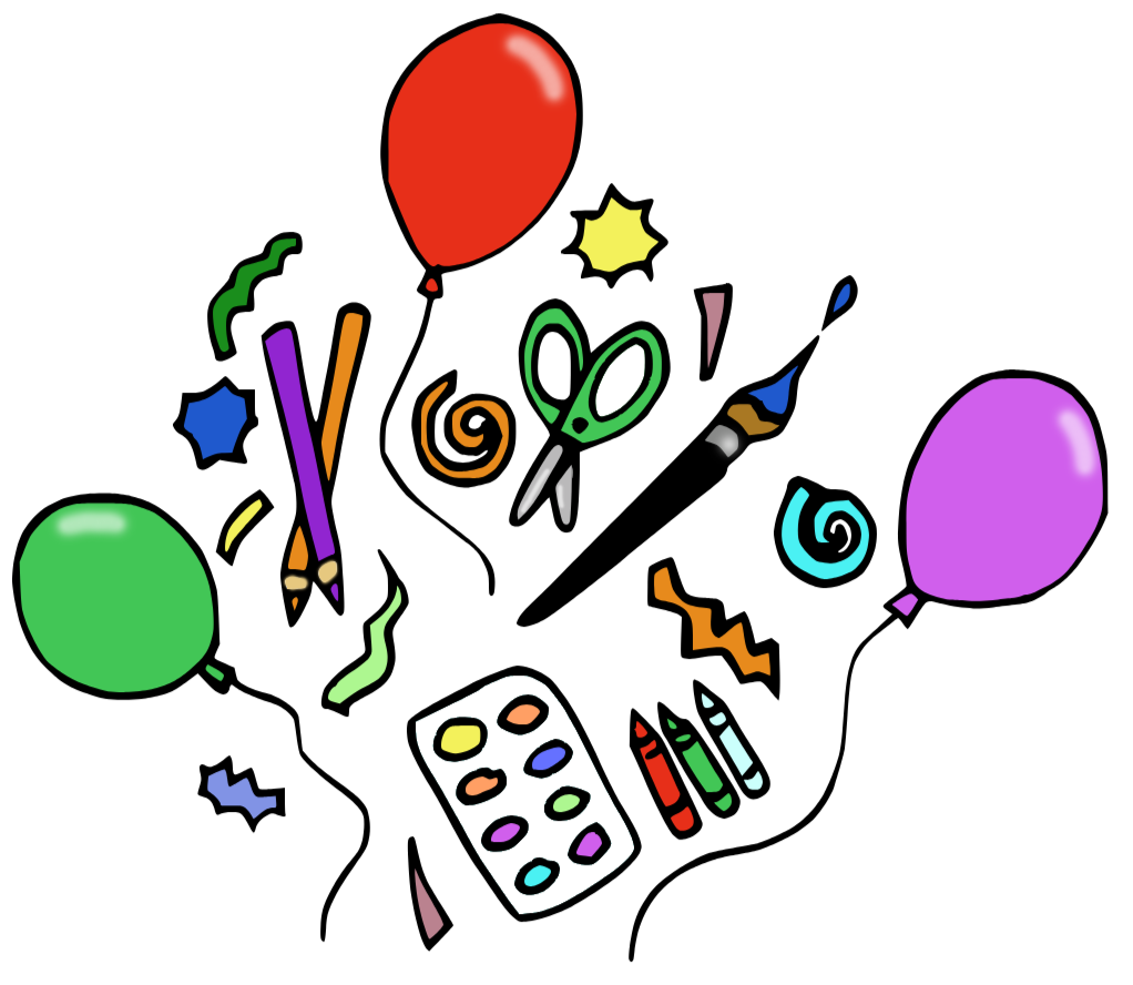 A colourful illustration of balloons, art supplies, and abstract shapes.