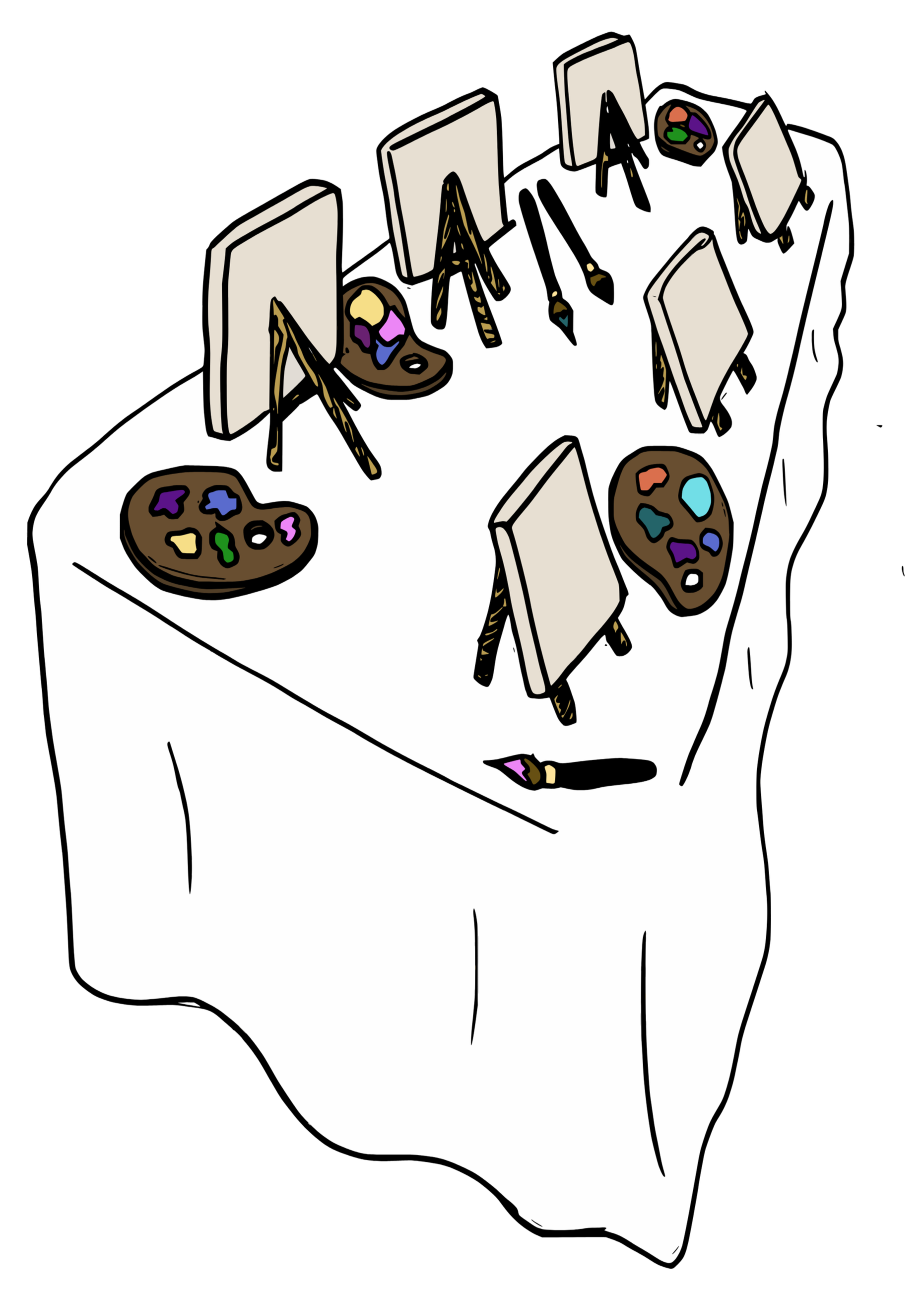 An illustration of a table covered with easels with blank canvases, palettes covered with paint, and paint brushes.