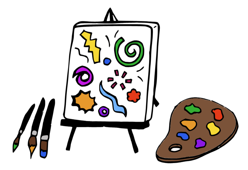 A colourful illustration of paintbrushes, a canvas on an easel with abstract shapes painted on, and a paint palette with different paint spots on top.