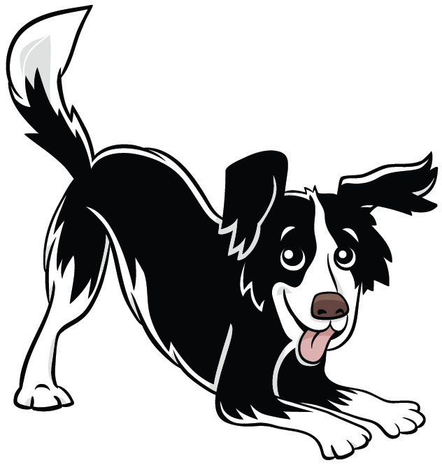 Cartoon of a playful black, white, and gray Australian Shepherd dog with a pink tongue sticking out, in a stretching pose.