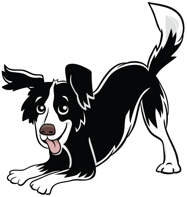 Cartoon black and white dog with a playful expression, tongue out, lying in a ready stance.