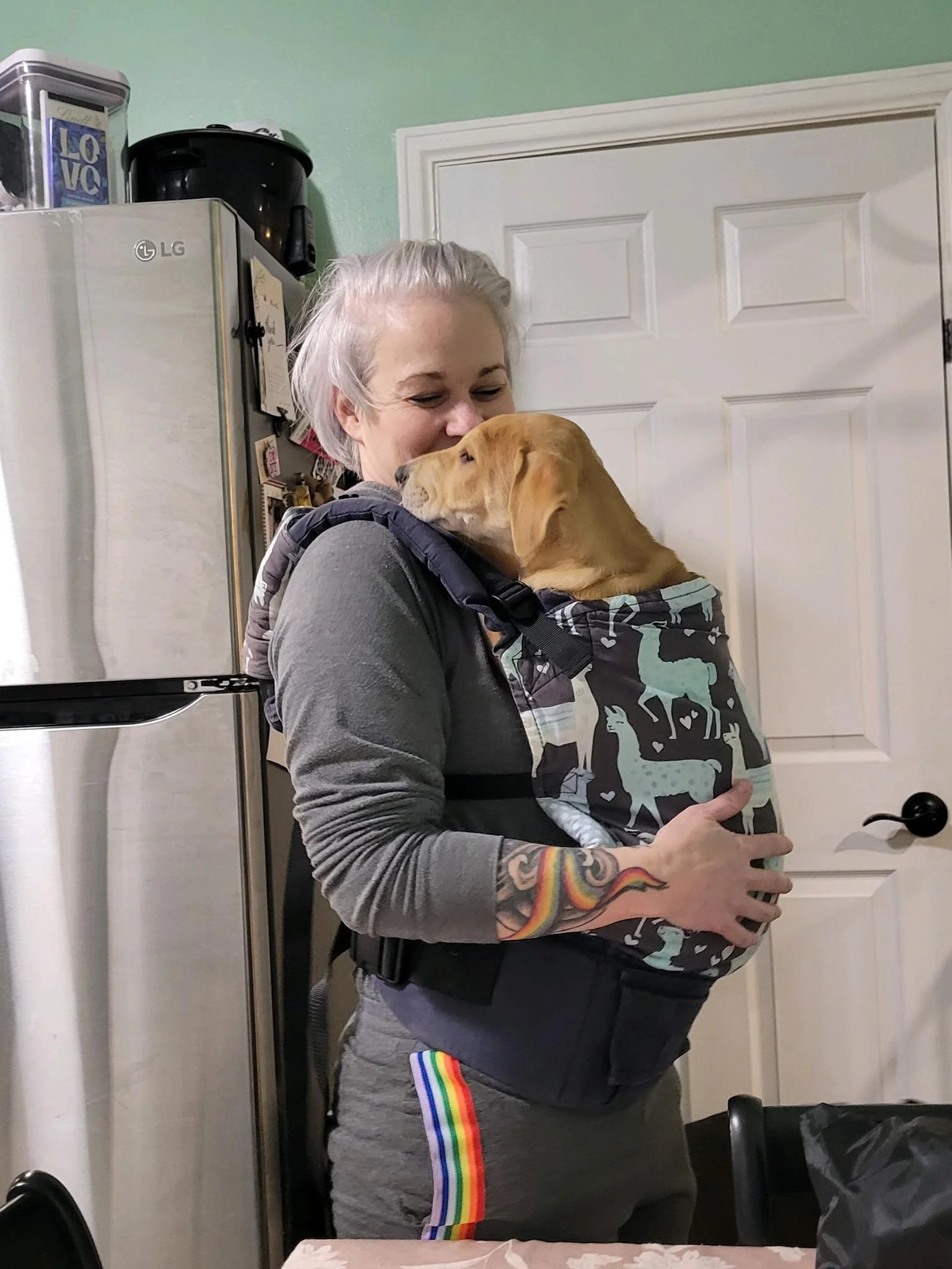 A woman with gray hair holding a dog close to her face in a kitchen. The woman is wearing a gray top and has a rainbow-colored tattoo on her left forearm. The dog has a light brown coat and is wearing a jacket with a pattern of llamas and hearts.