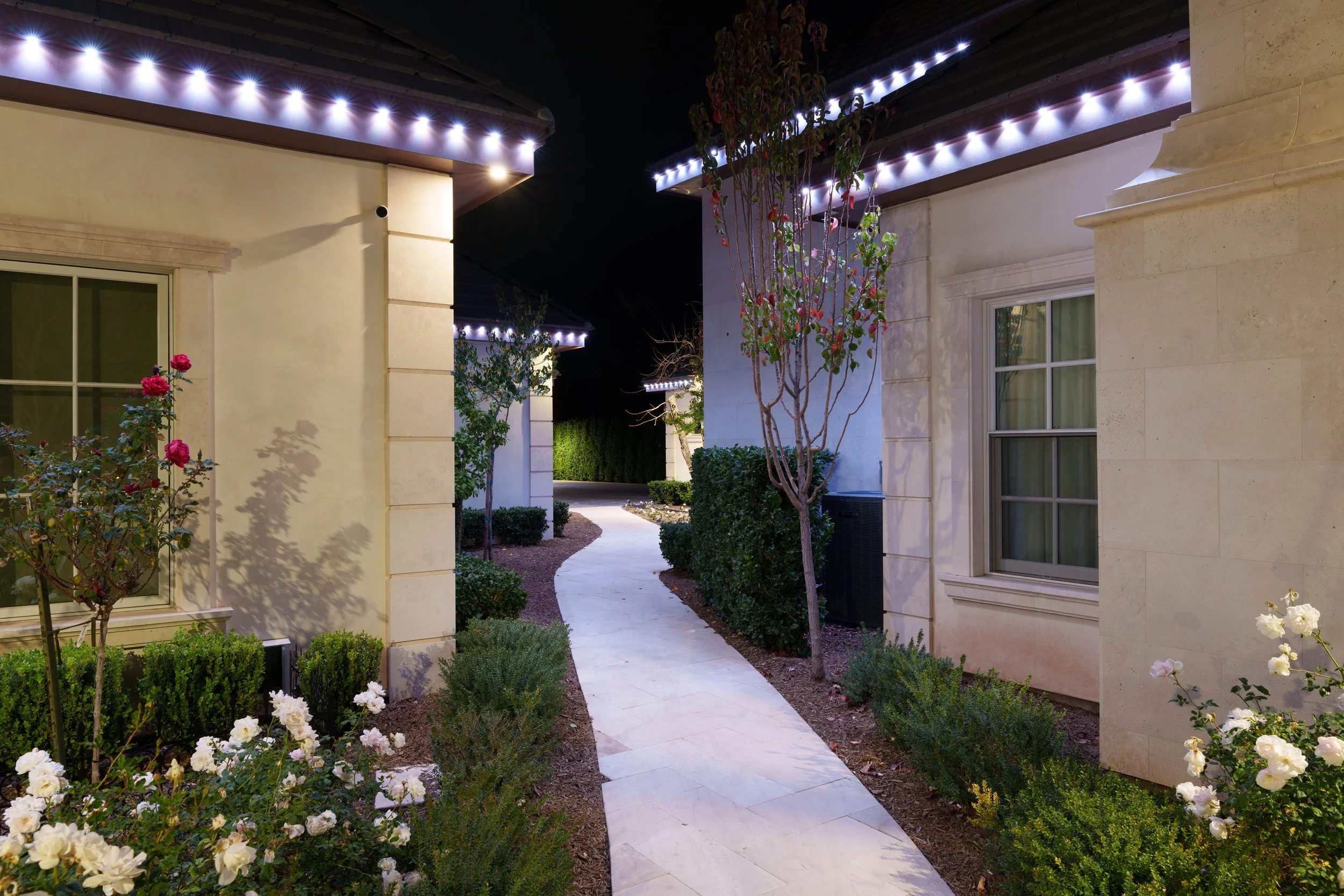 Night view of a curved concrete pathway between a residential home and casita with permanent roofline lights, well-maintained shrubbery, roses, and a small tree.
