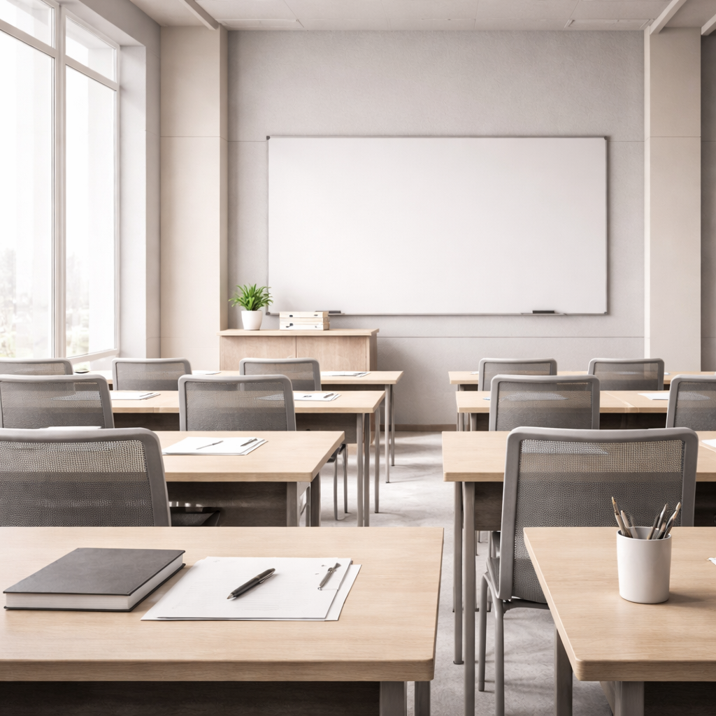 “Bright, empty classroom with desks and whiteboard, representing structured learning and child-focused environments.”