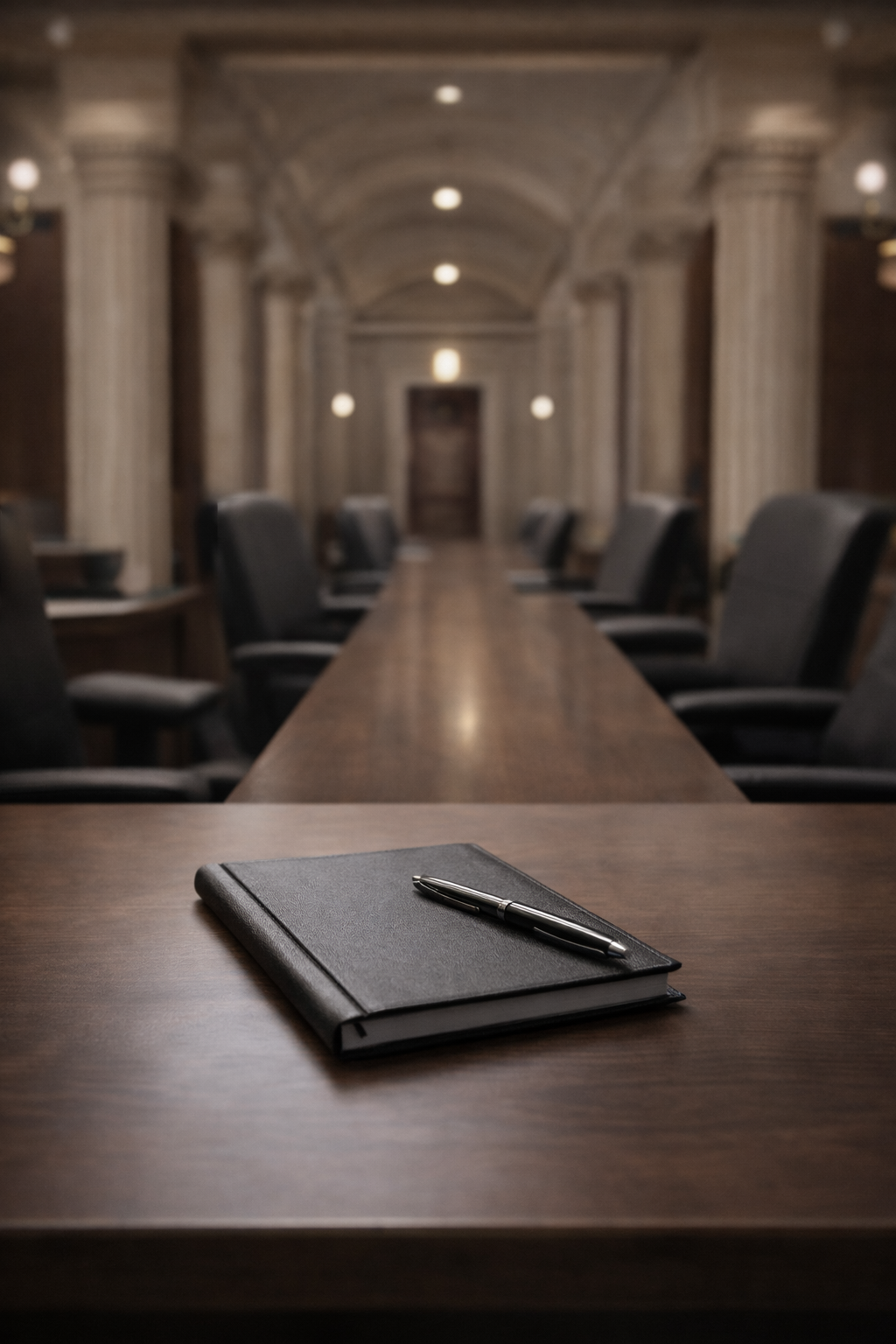 “Quiet courtroom conference room with a notebook on the table, representing professional, court-aligned documentation.”