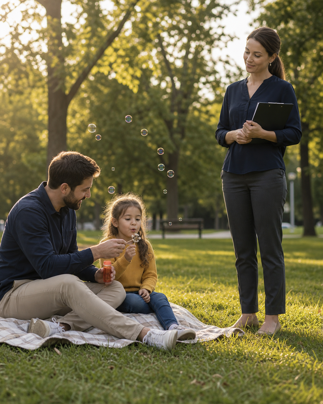 A parent and child sharing a calm supervised visit in a park while a Heart & Justice professional observes at a respectful distance.