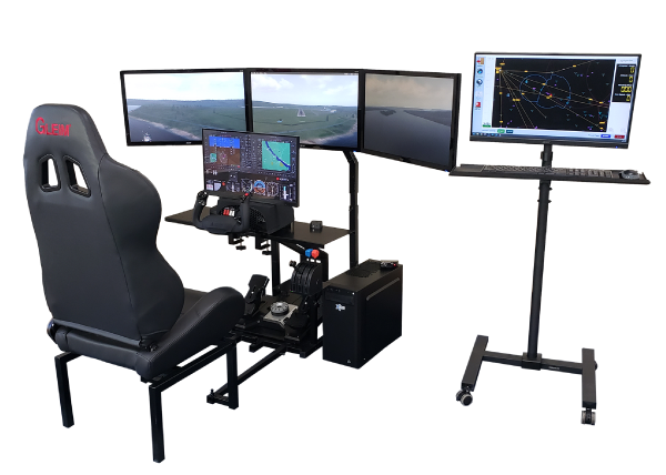 Gleim Flight simulator cockpit with three large screens displaying flight scenery and navigation charts, a control yoke, and various instruments. It is positioned in a level, enclosed frame with a racing-style seat. Basic Aviation Training Device